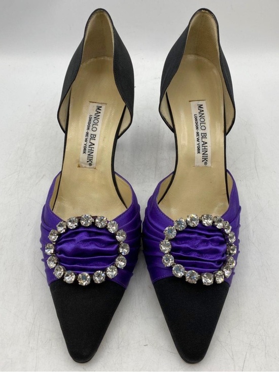 Manolo Blahnik Shoes - Vintage 1980’s - 1990’s Manolo Blahnik Purple and Black Crystal satin d’orsay